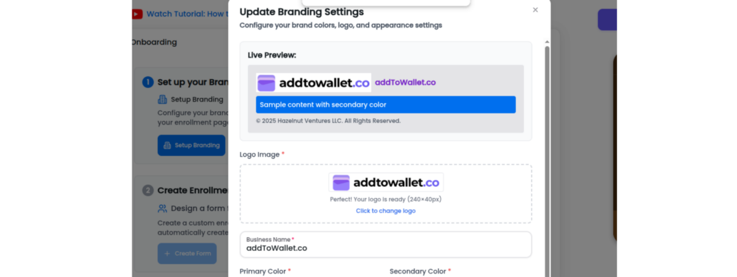 loyalty pass set up branding modal